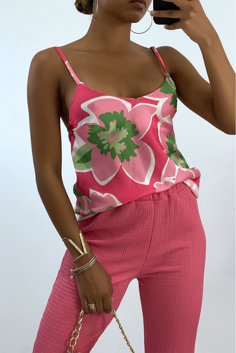 Fuchsia satin tank top with thin strap and colorful print   - 2