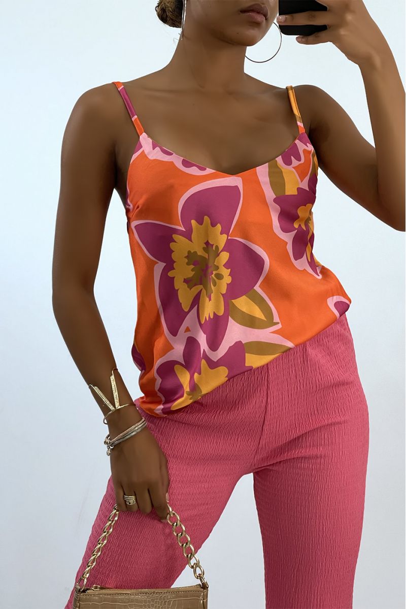 Coral satin tank top with thin strap and colorful print - 1