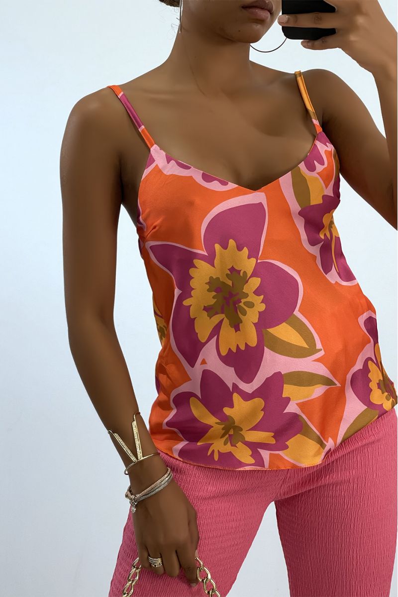 Coral satin tank top with thin strap and colorful print - 2