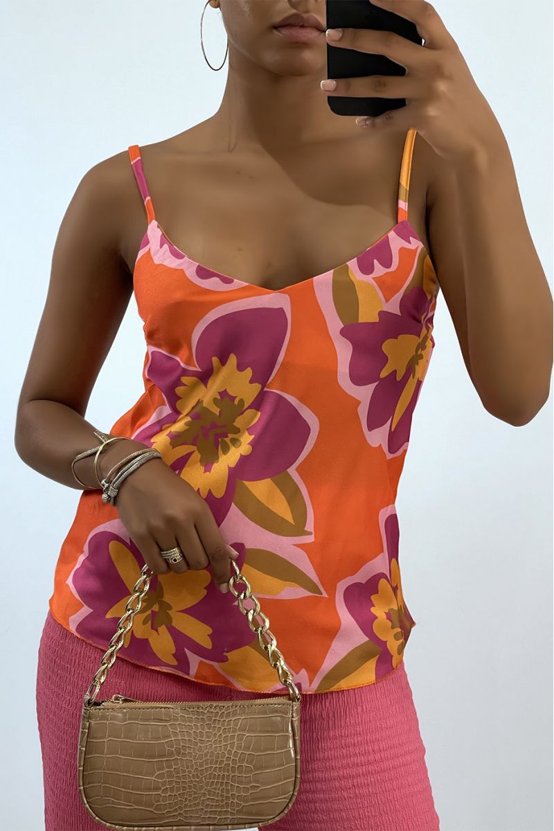Coral satin tank top with thin strap and colorful print - 3