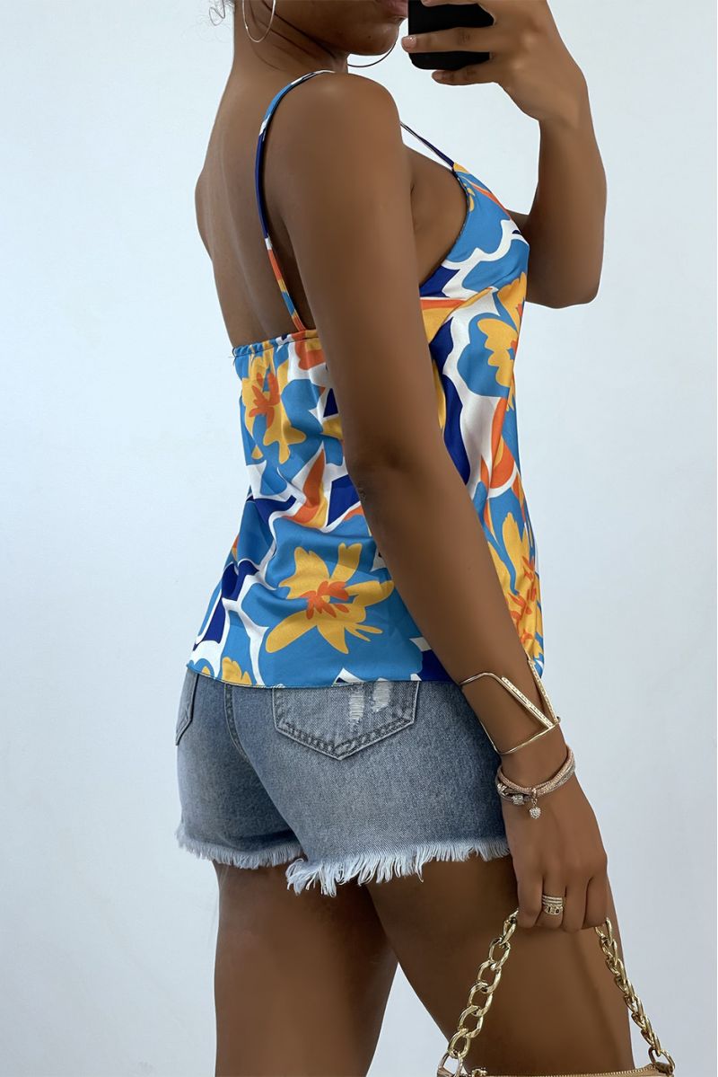 Turquoise blue satin tank top with thin strap and colorful print   - 3