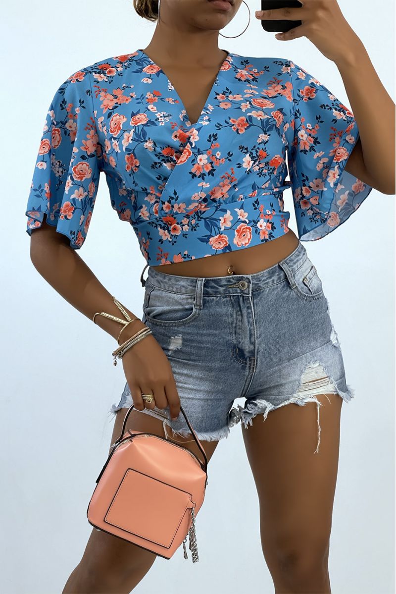 Gebloemde crop top overslagtop met wijde mouwen - 1 Gebloemde crop top overslagtop met wijde mouwen - 1