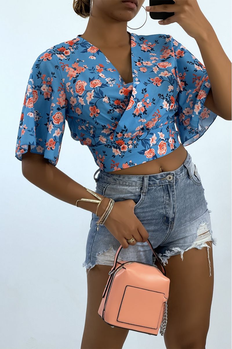 Gebloemde crop top overslagtop met wijde mouwen - 3 Gebloemde crop top overslagtop met wijde mouwen - 3
