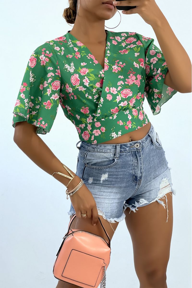 Groene gebloemde crop top overslagtop met wijde mouwen - 1 Groene gebloemde crop top overslagtop met wijde mouwen - 1