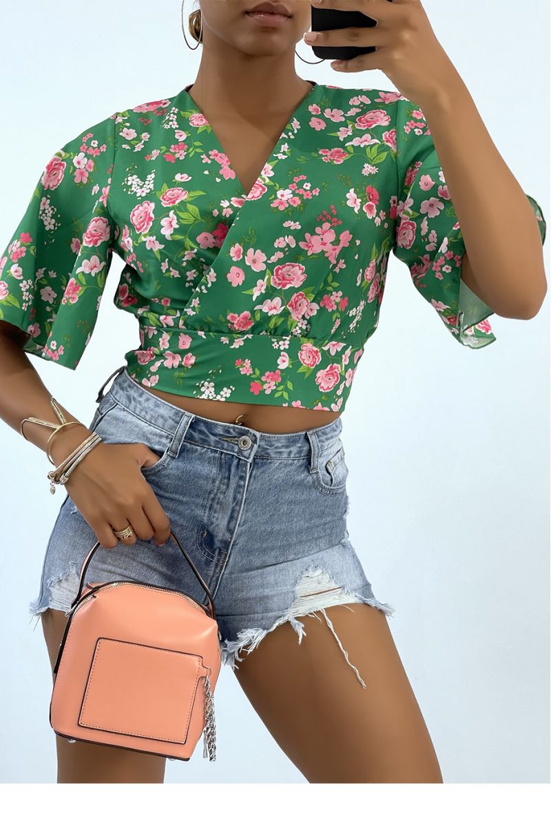 Groene gebloemde crop top overslagtop met wijde mouwen - 2 Groene gebloemde crop top overslagtop met wijde mouwen - 2