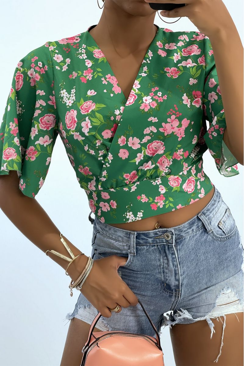 Groene gebloemde crop top overslagtop met wijde mouwen - 3 Groene gebloemde crop top overslagtop met wijde mouwen - 3