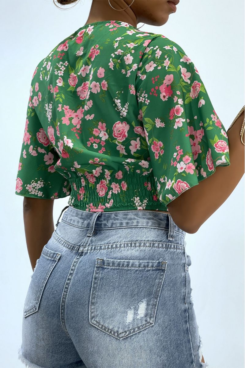 Groene gebloemde crop top overslagtop met wijde mouwen - 4 Groene gebloemde crop top overslagtop met wijde mouwen - 4
