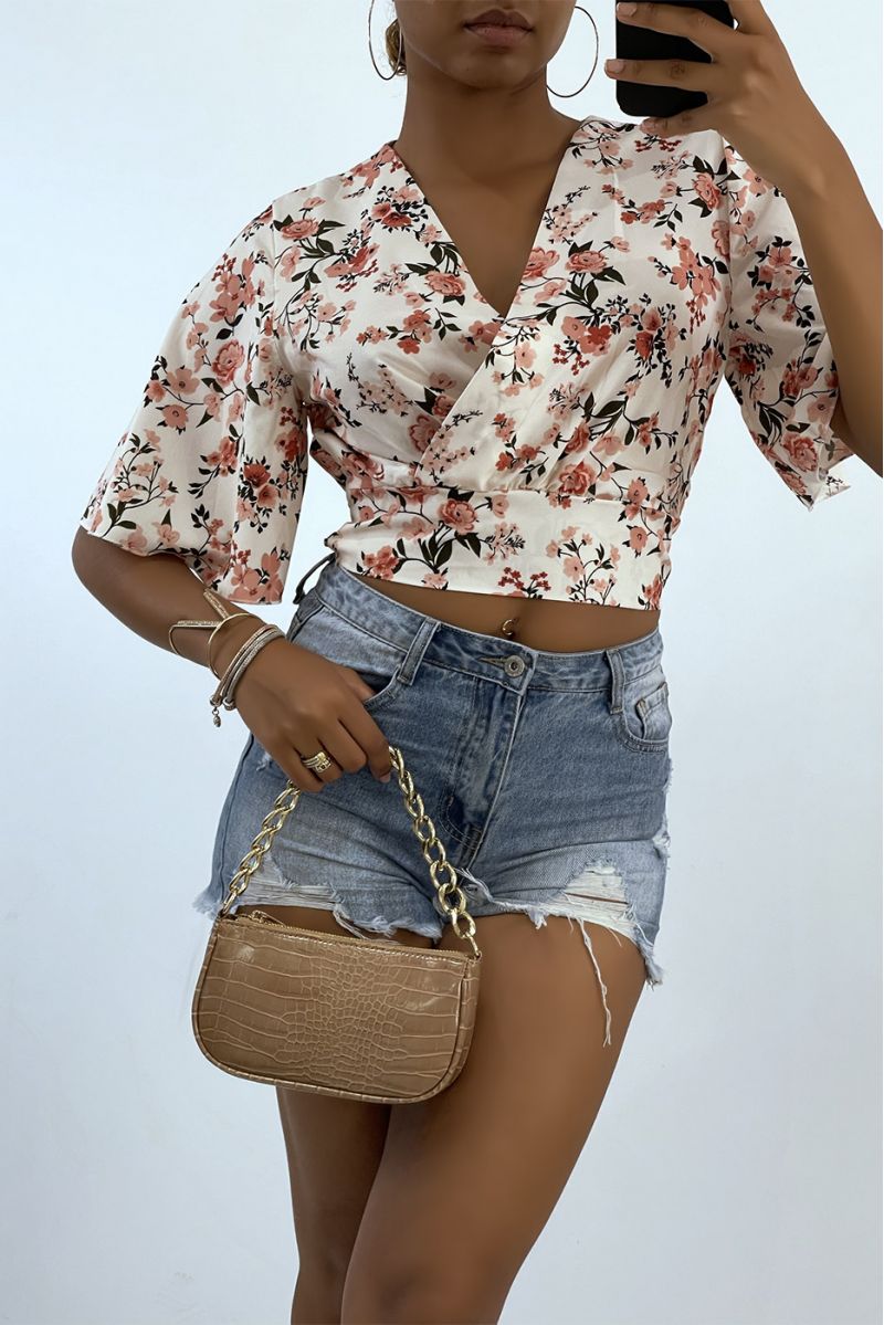 White floral crop top wrap top with wide sleeves  - 1