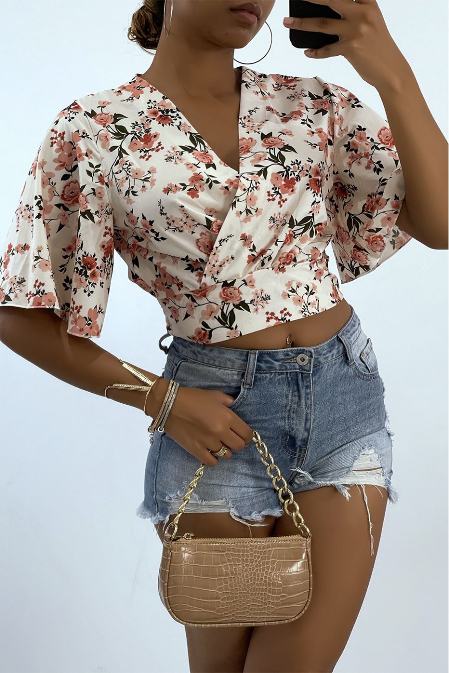 White floral crop top wrap top with wide sleeves