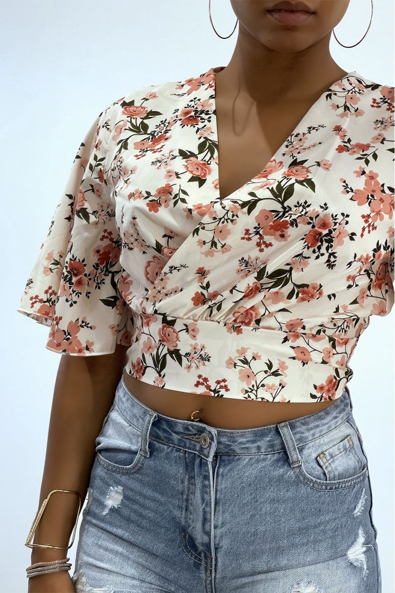 White floral crop top wrap top with wide sleeves  - 3