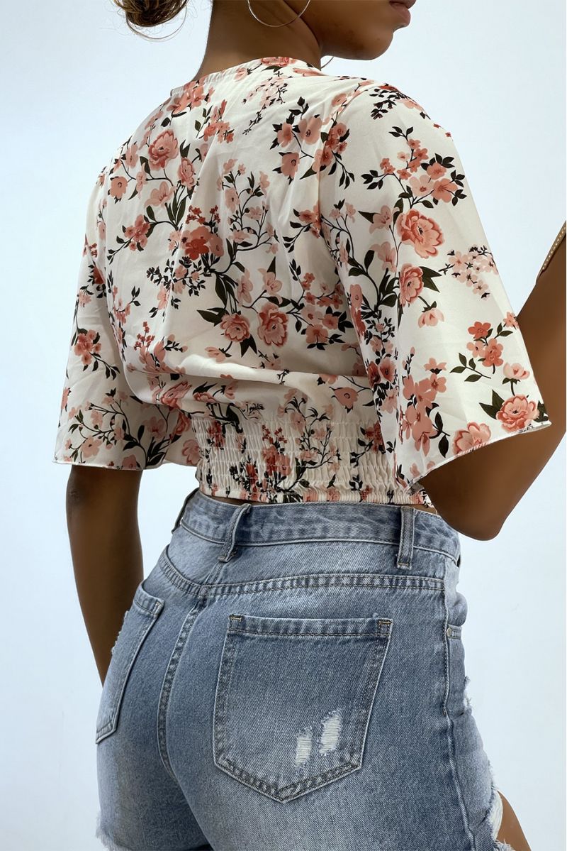 White floral crop top wrap top with wide sleeves  - 4