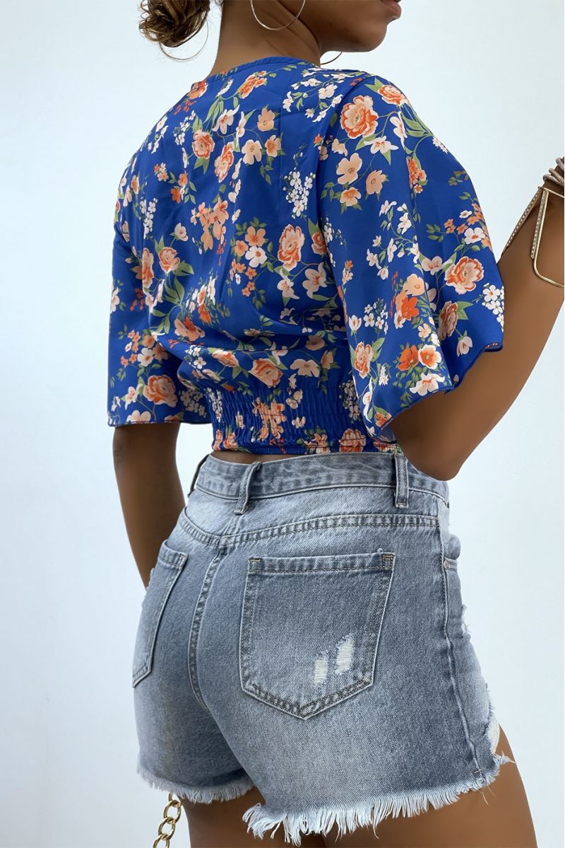 CaRhe-coeur koningsblauwe crop top met bloem en wijde mouwen - 3 CaRhe-coeur koningsblauwe crop top met bloem en wijde mouwen - 3