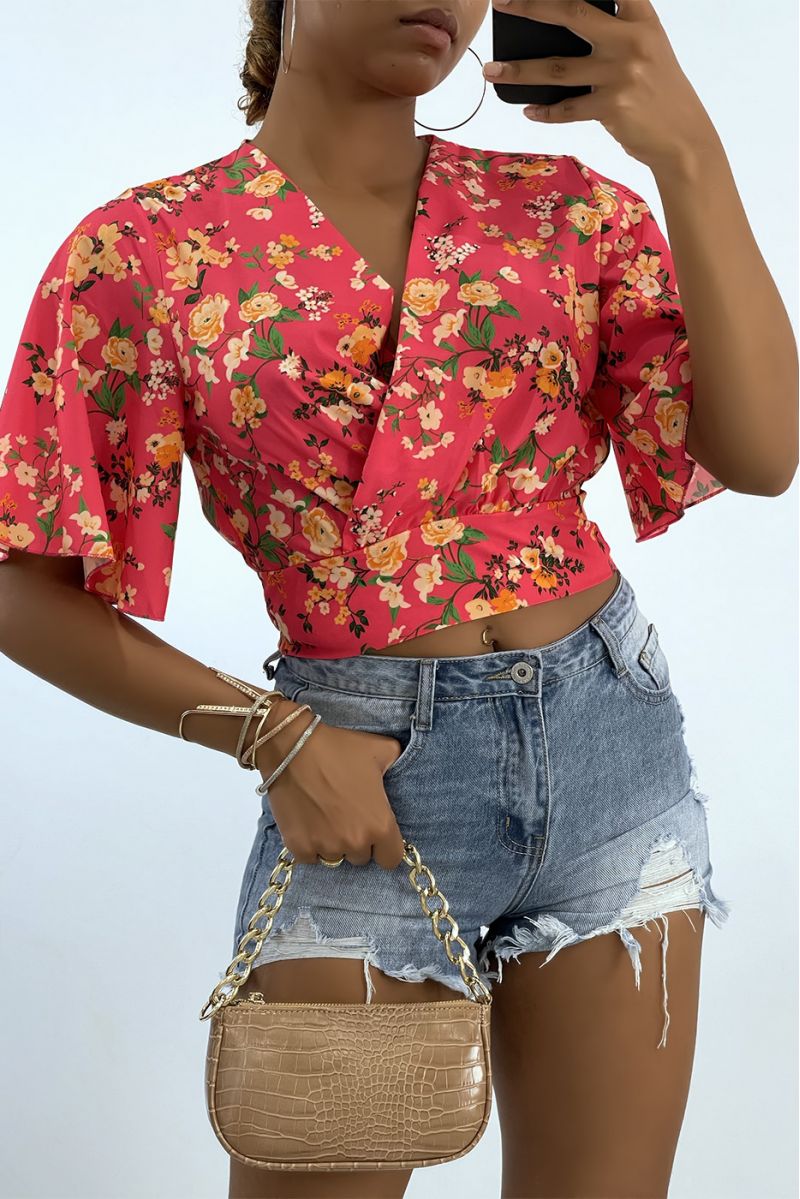 Fuchsia floral crop top wrap top with wide sleeves  - 1