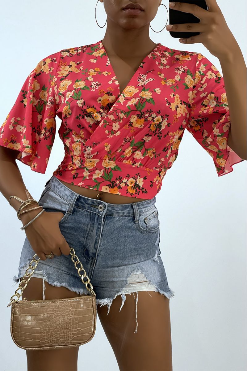 Fuchsia floral crop top wrap top with wide sleeves  - 2