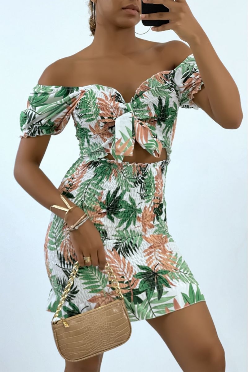 Groene bodycon-jurk met boothals en tropische print - 1