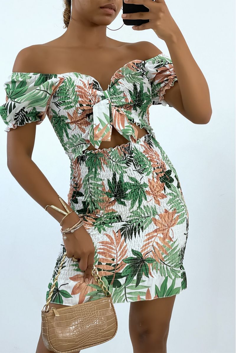 Robe moulante à imprimé tropical vert et décoleté bateau  - 2