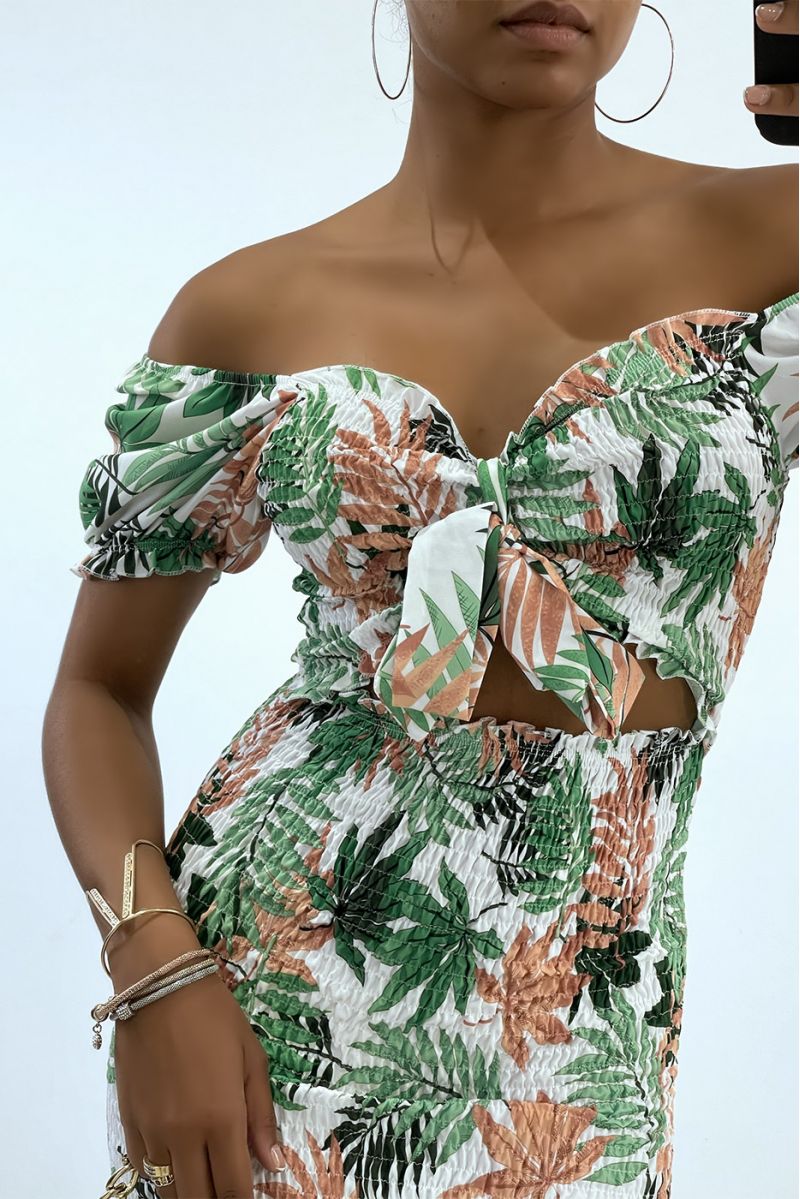 Groene bodycon-jurk met boothals en tropische print - 3