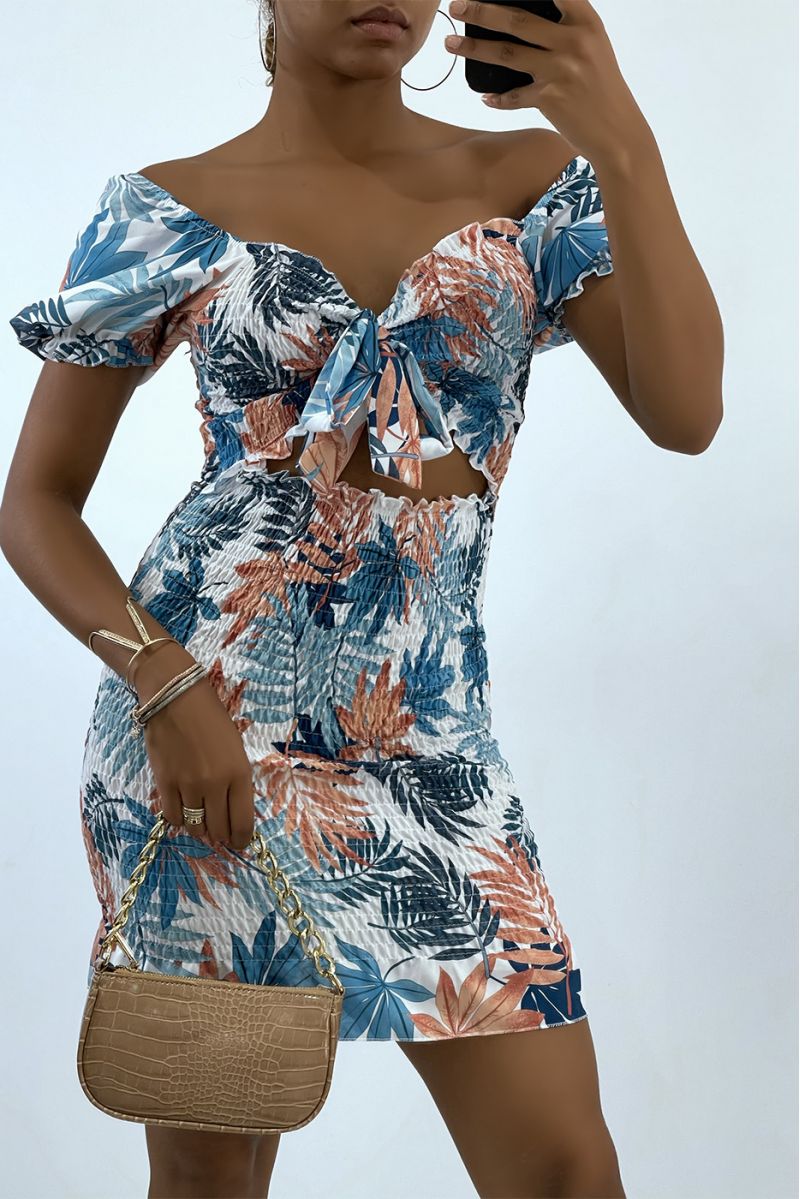 Robe moulante à imprimé tropical bleu et décoleté bateau  - 1