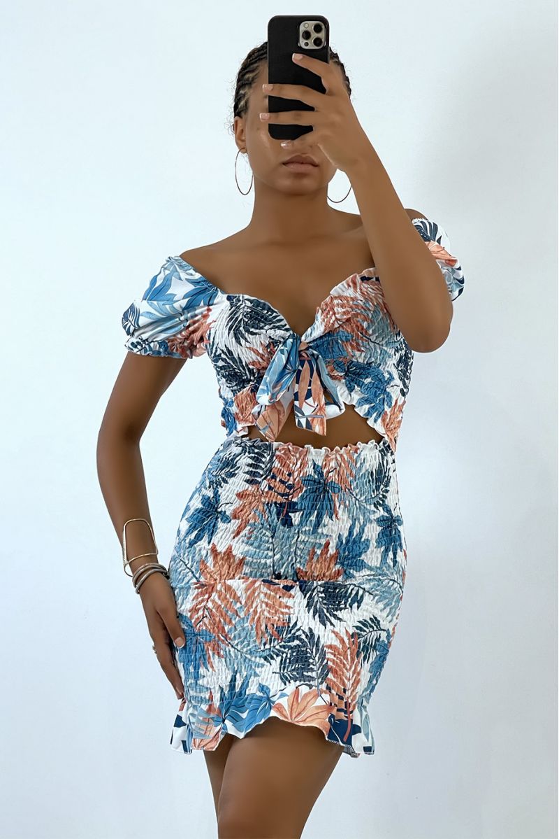 Robe moulante à imprimé tropical bleu et décoleté bateau  - 4