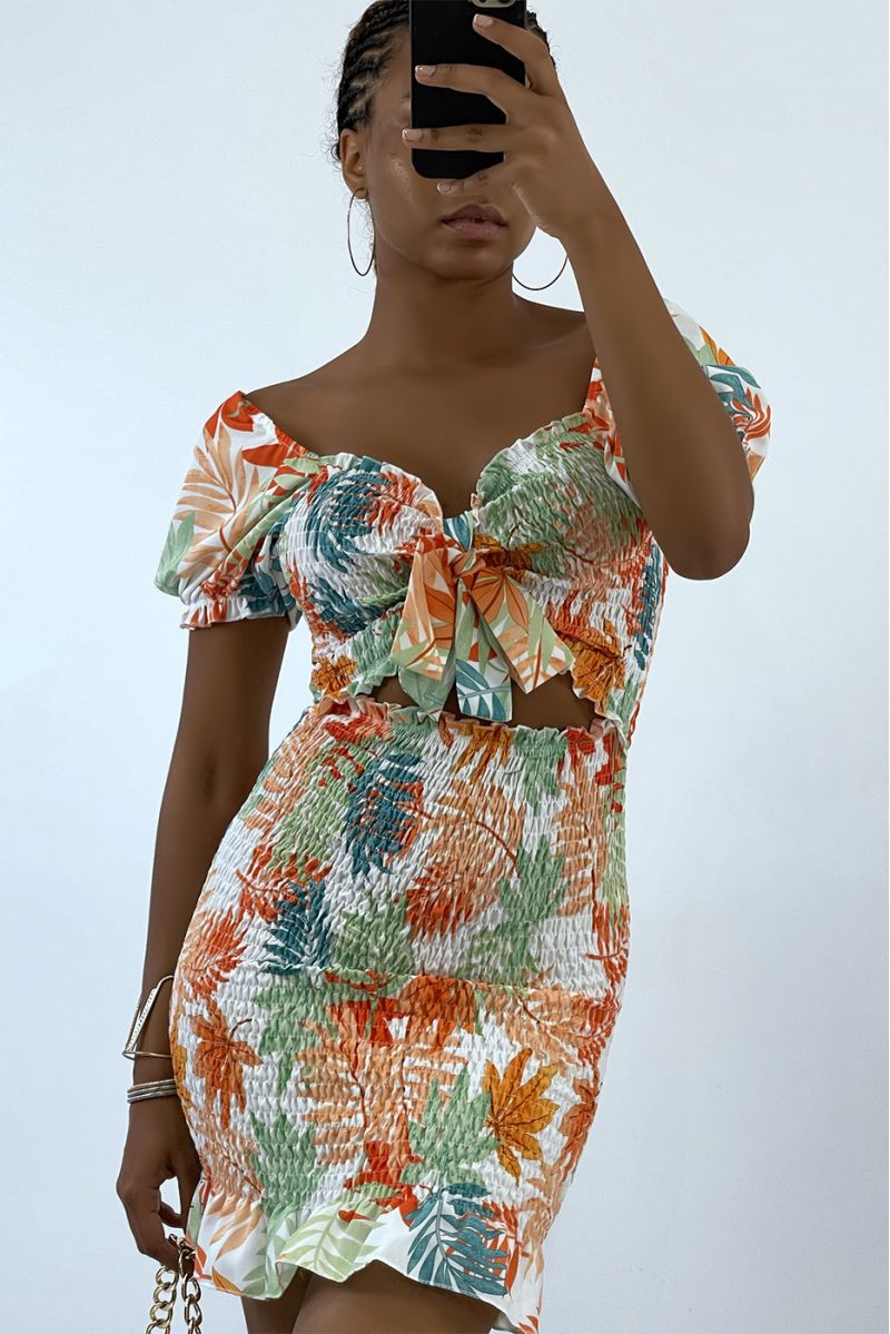 Bodycon Dress With Orange Tropical Print And Boat Neckline