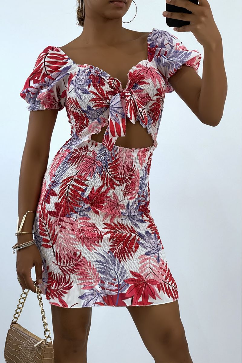 Bodycon jurk met fuchsia roze tropische print en boothals - 1