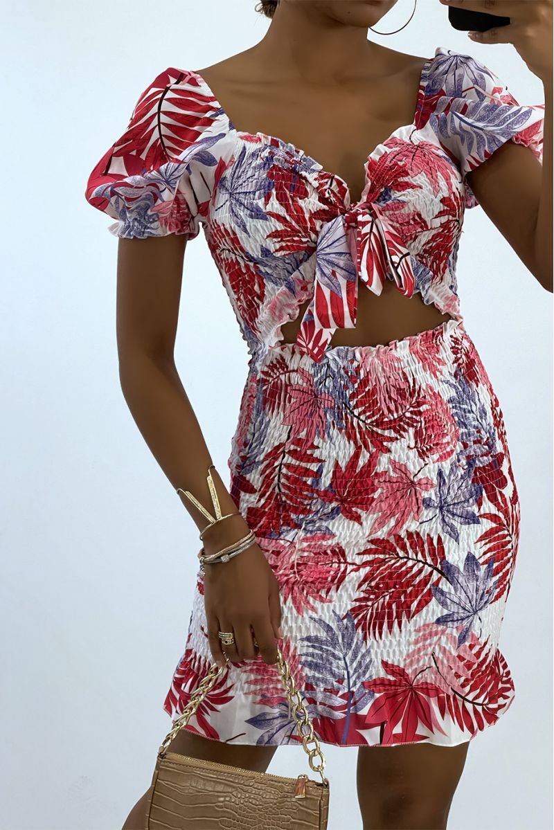 Bodycon jurk met fuchsia roze tropische print en boothals - 2