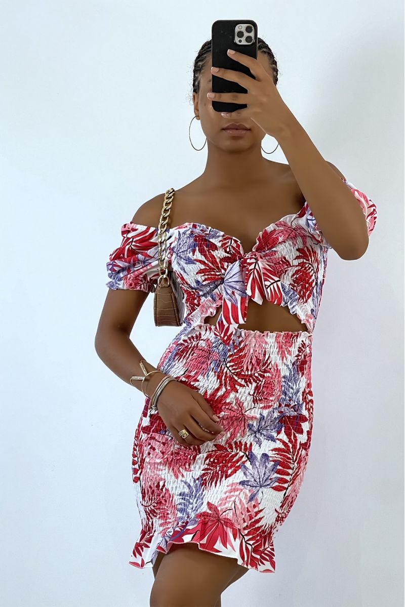 Bodycon jurk met fuchsia roze tropische print en boothals - 4
