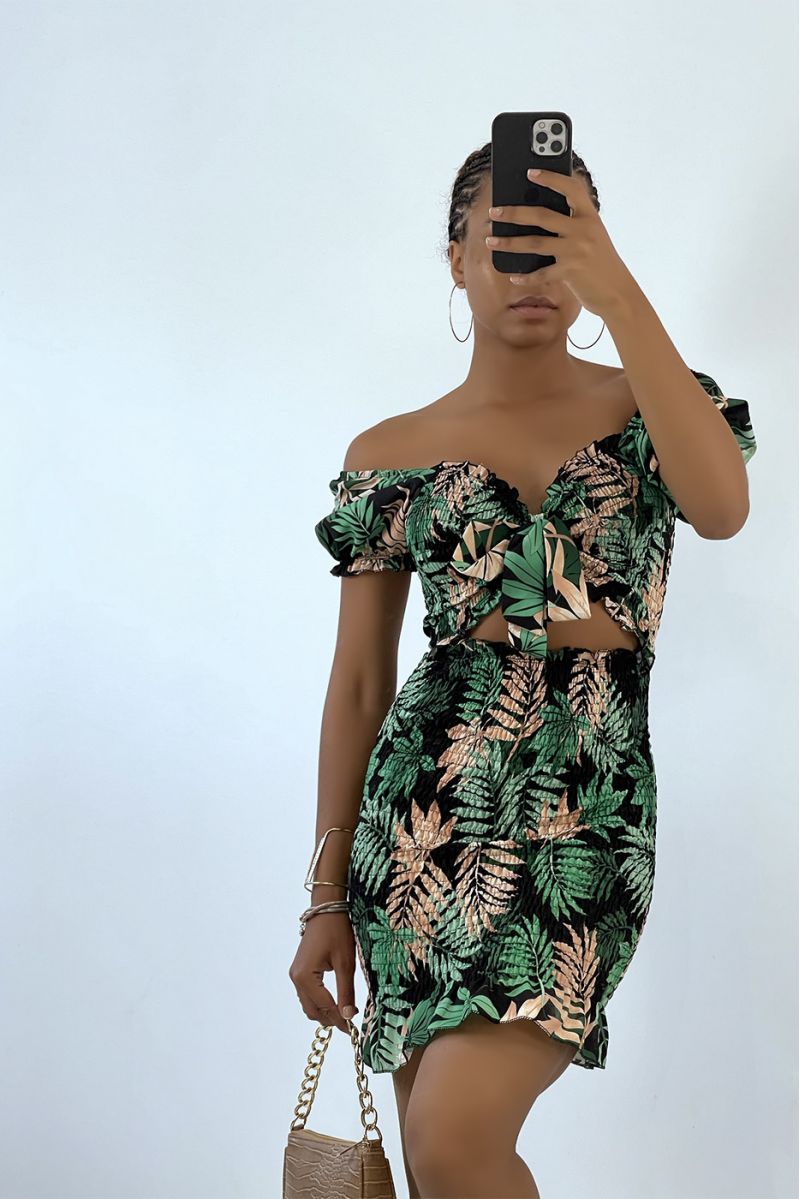 Zwarte bodycon-jurk met tropische print en boothals - 1
