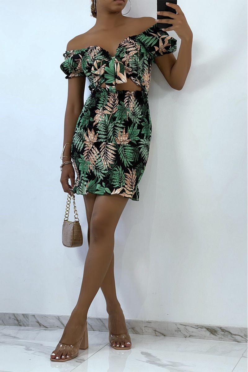 Robe moulante à imprimé tropical noir et décoleté bateau  - 2