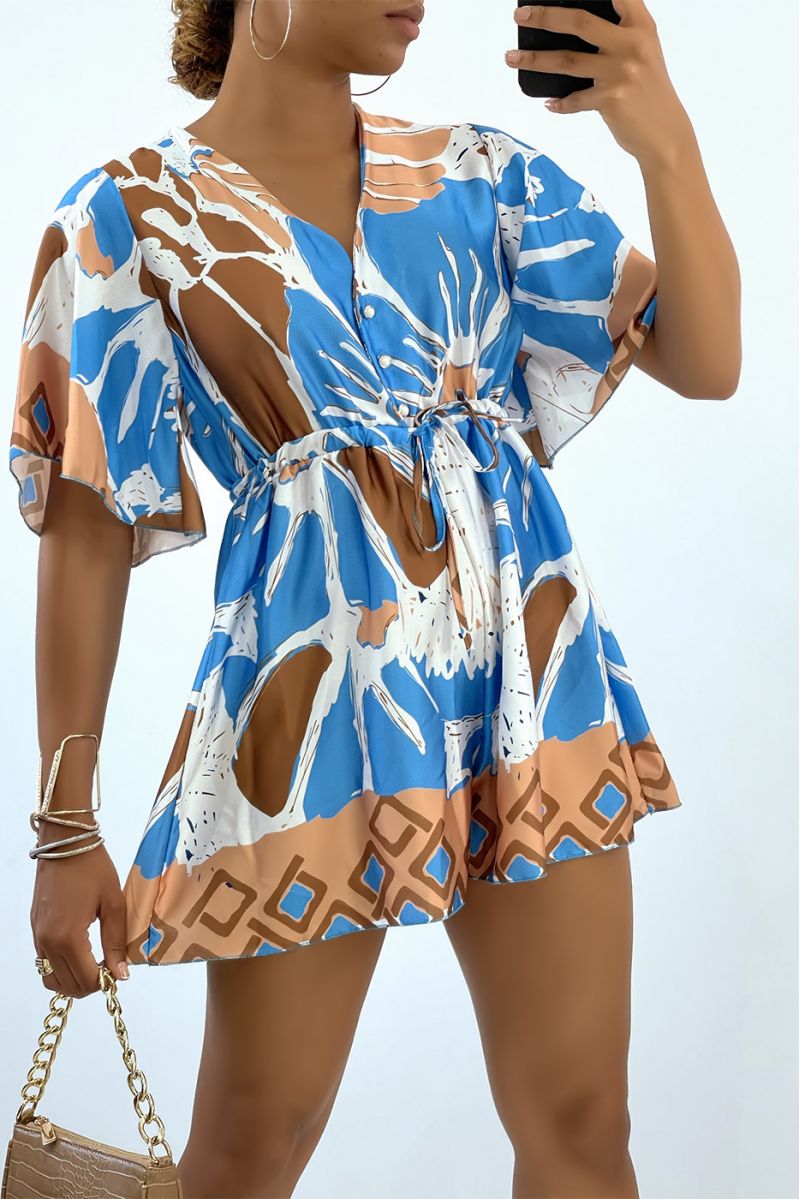 Fluid and satin blue playsuit with tricolor summer pattern  - 2