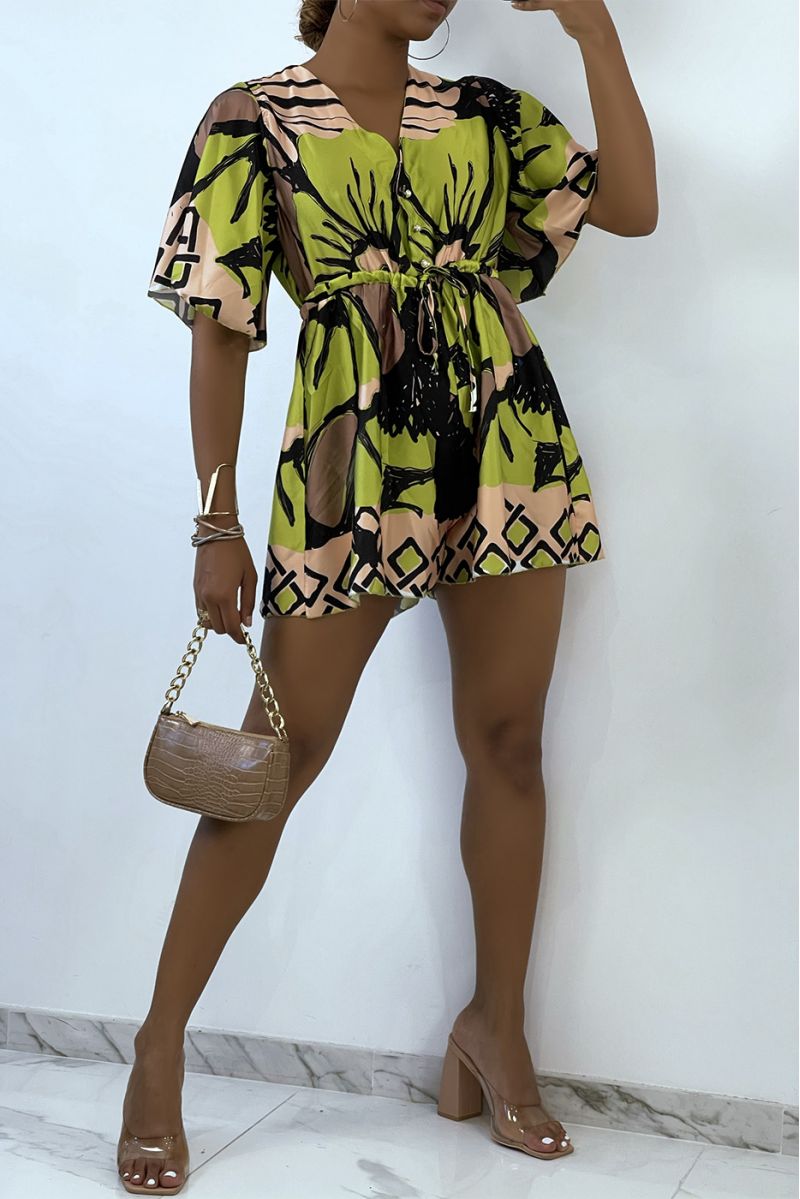 Fluid and satiny green playsuit with tricolor summer pattern  - 1