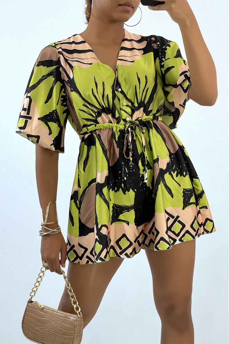 Fluid and satiny green playsuit with tricolor summer pattern  - 2
