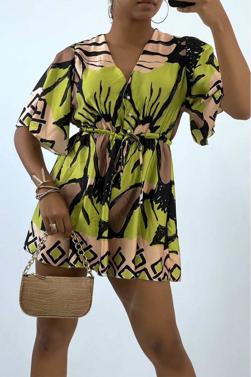 Fluid and satiny green playsuit with tricolor summer pattern  - 3
