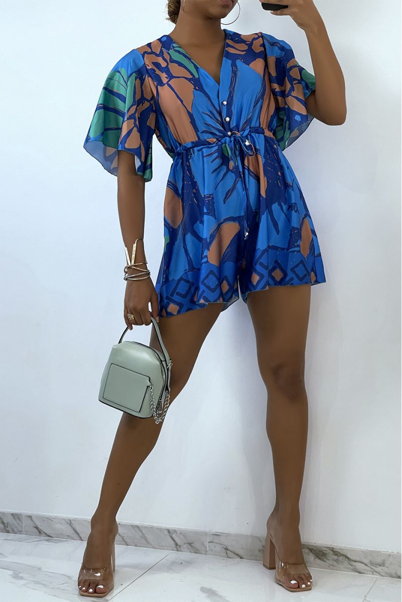 Flowing and satin royal blue playsuit with tricolor summer pattern  - 1