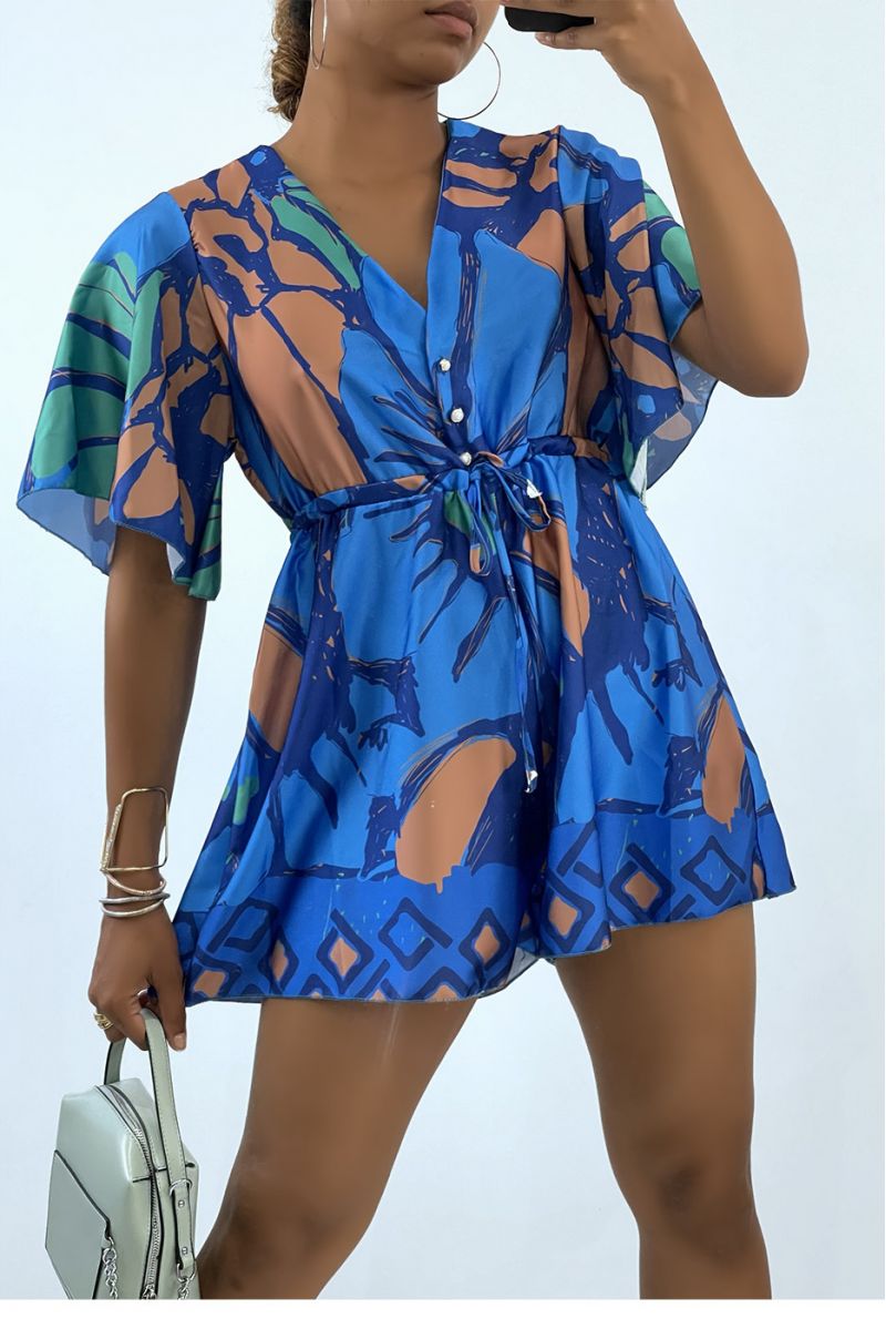 Flowing and satin royal blue playsuit with tricolor summer pattern  - 2