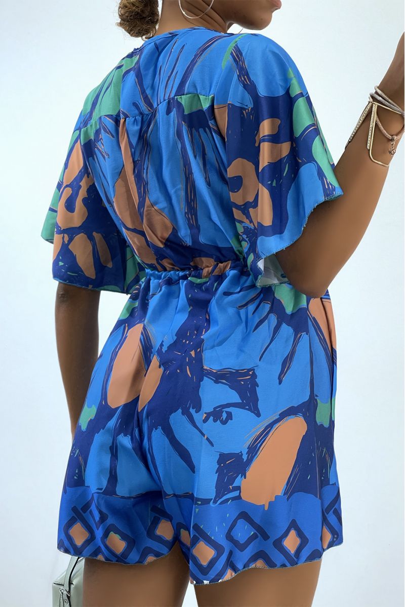 Flowing and satin royal blue playsuit with tricolor summer pattern  - 3