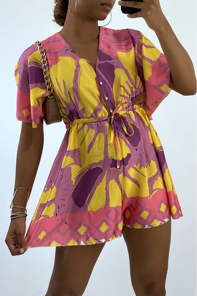 Fluid and satiny lilac playsuit with tricolor summer pattern  - 3
