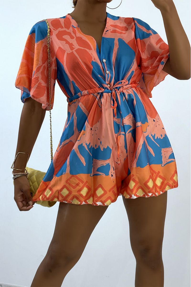 Turquoise fluid and satin playsuit with tricolor summer pattern  - 3