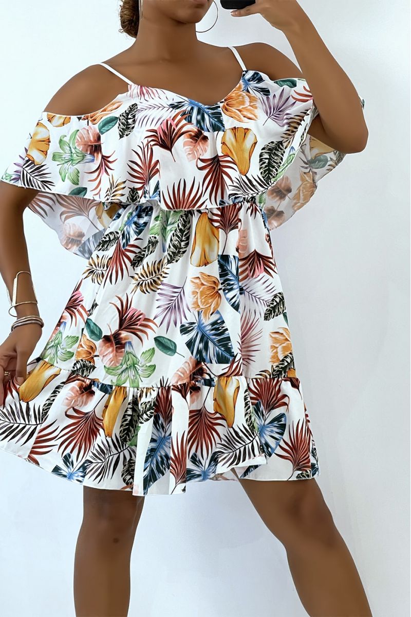 Flowing white dress with dropped shoulders and tropical print   - 4
