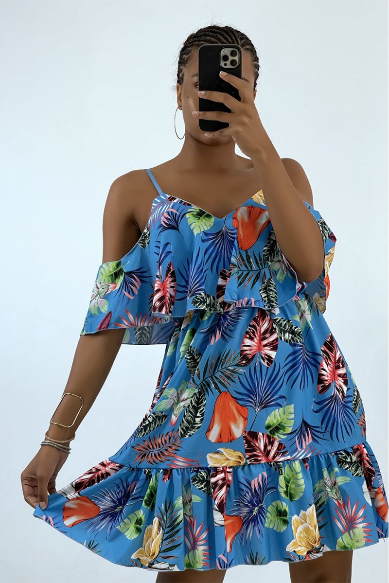 Soepelvallende blauwe jurk met verlaagde schouders en tropische print   - 1