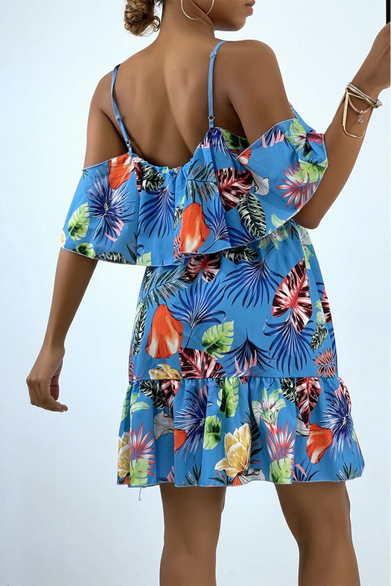 Flowing blue dress with dropped shoulders and tropical print   - 3