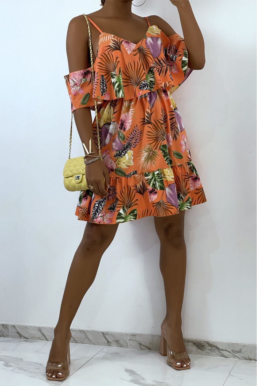 Robe fluide orange à épaules tombantes et imprimé tropical   - 1