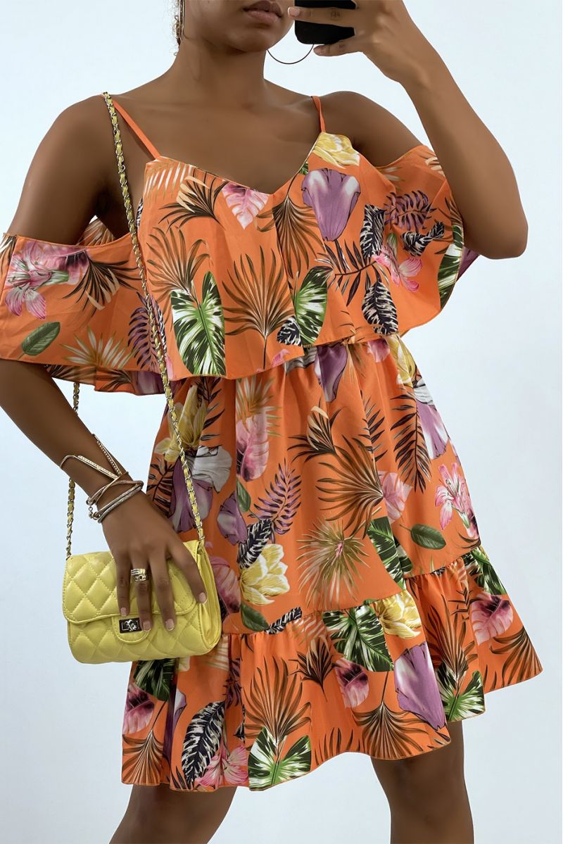Fluid orange dress with dropped shoulders and tropical print   - 2