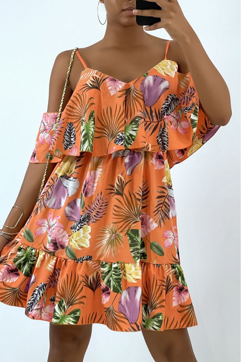 Soepelvallende oranje jurk met verlaagde schouders en tropische print   - 3