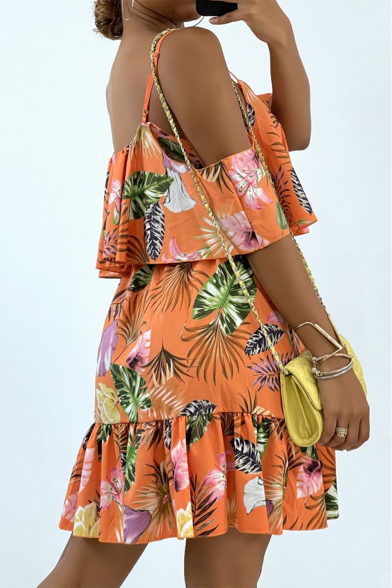 Soepelvallende oranje jurk met verlaagde schouders en tropische print   - 4