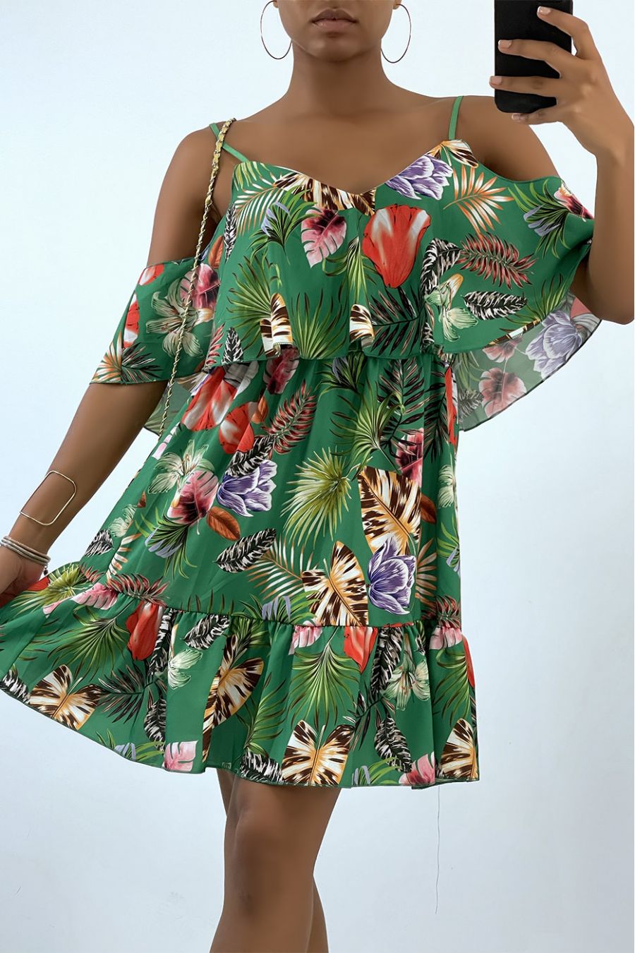 Robe fluide vert à épaules tombantes et imprimé tropical   - 2