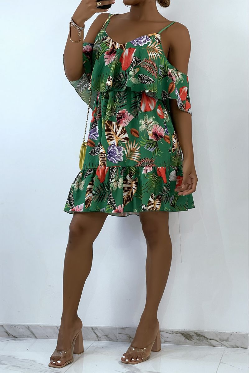 Flowing green dress with dropped shoulders and tropical print   - 3