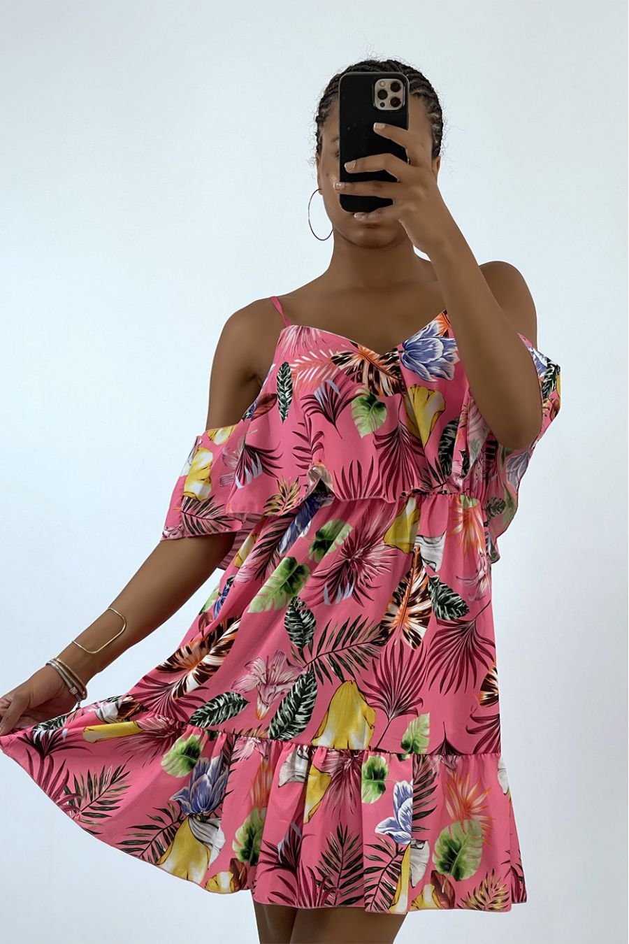 Fluid fuchsia dress with dropped shoulders and tropical print   - 2