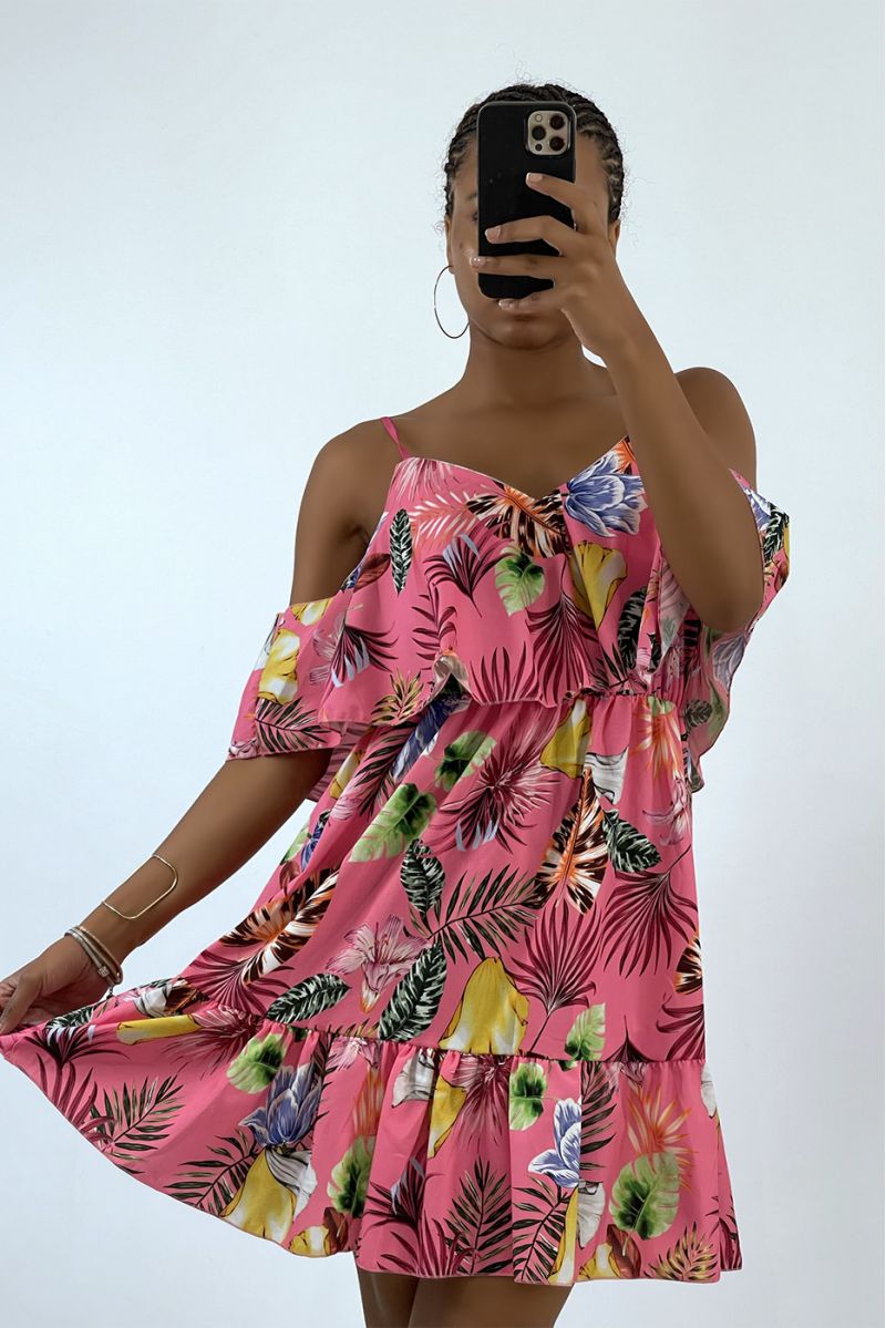 Soepelvallende fuchsia jurk met verlaagde schouders en tropische print   - 2