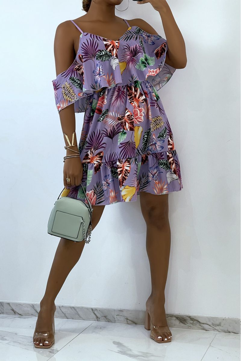 Soepelvallende lila jurk met verlaagde schouders en tropische print   - 1